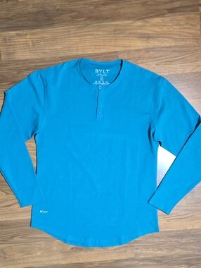 BYLT Basics Men’s Long Sleeve Henley Tee in Teal Blue